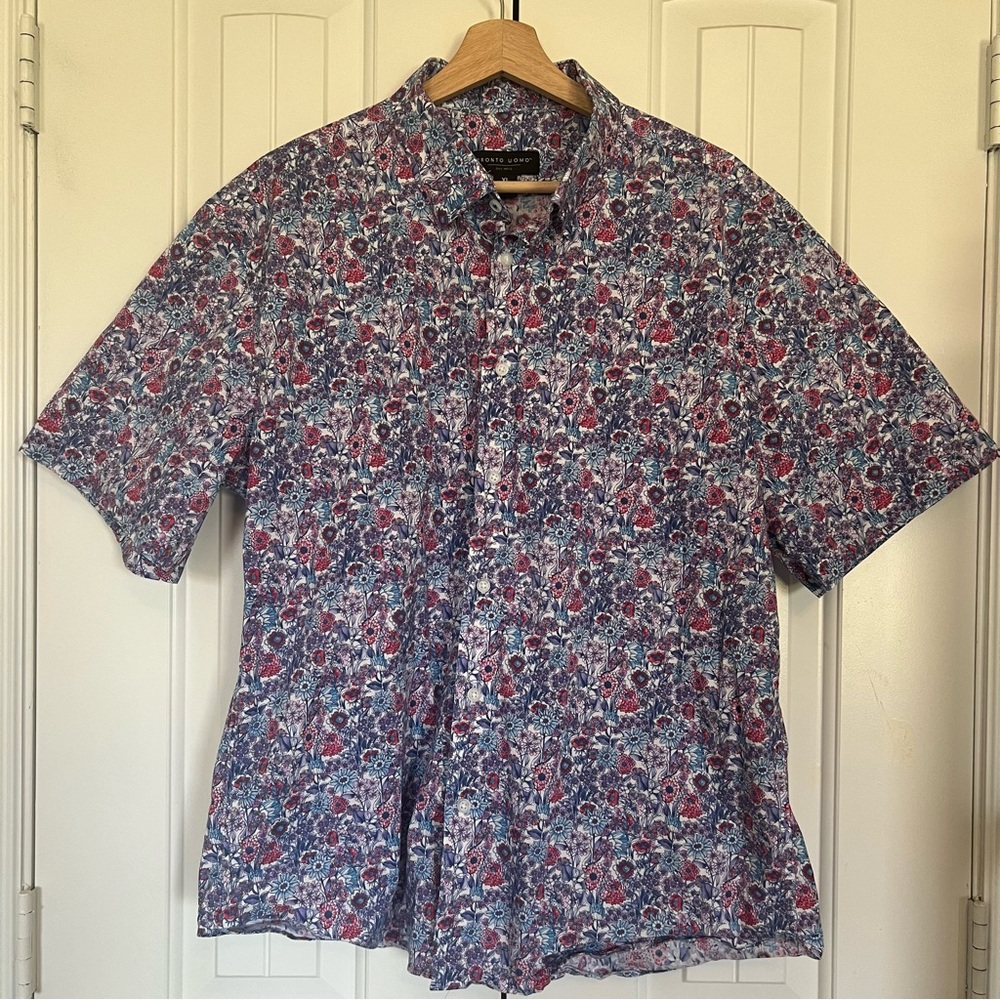 Pronto Uomo Hawaiian Shirt Mens XL Pink White Floral Stretch Classic Button-Up